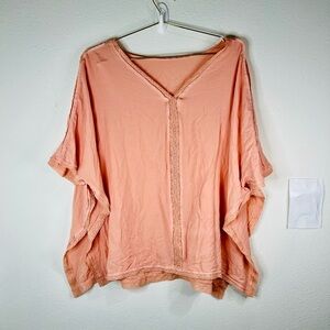 Boho Women’s Peach V-Neck Tunic Top One Size Lightweight Lace Trim 26”